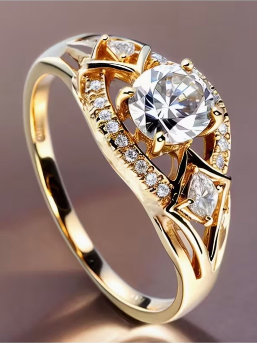18K Gold Solitaire Halo Ring with Round Cubic Zirconia.